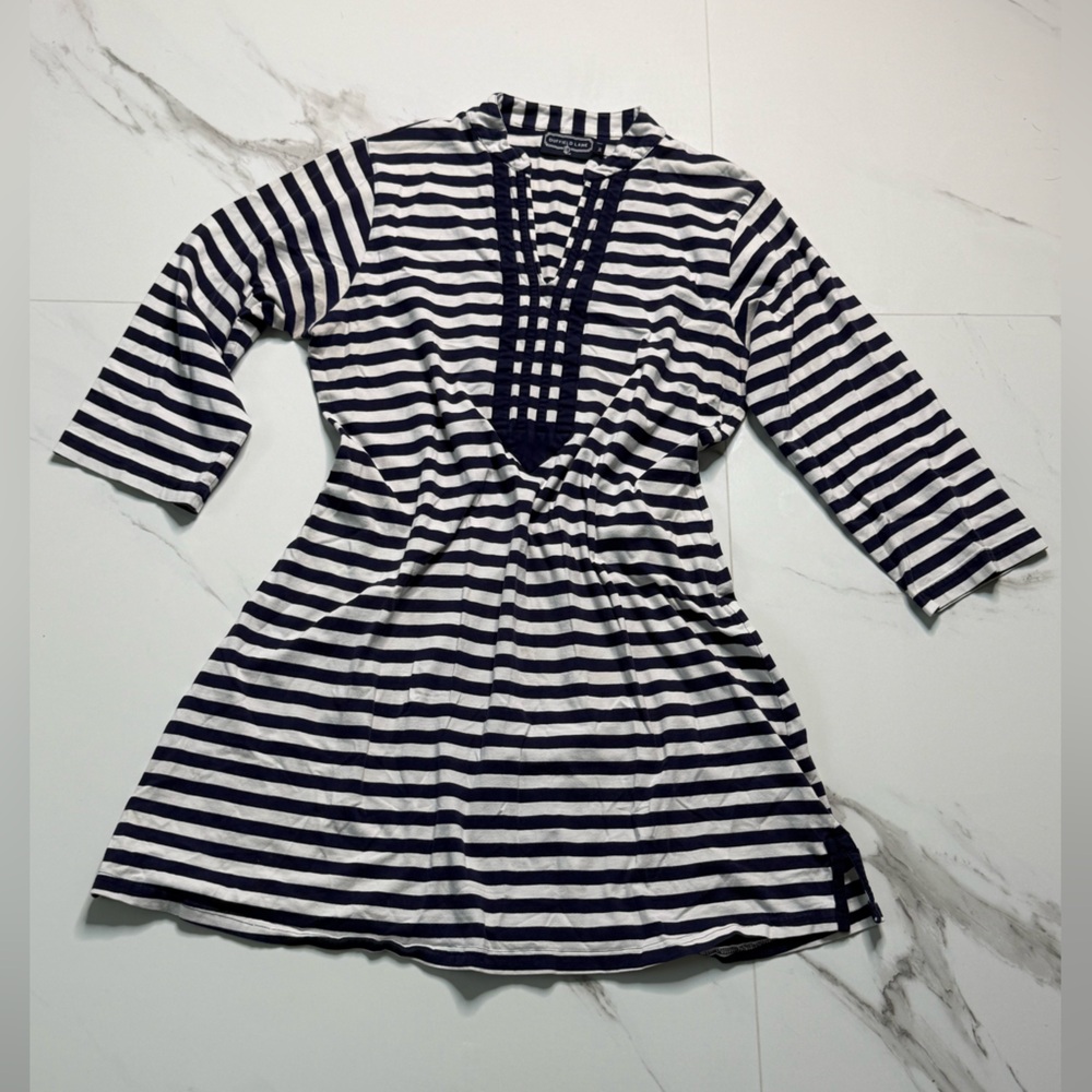 Duffield Lane THE ANNIVERSARY SPRING LAKE DRESS IN THIN NAVY STRIPE